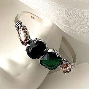 Vintage Sterling Silver Emerald Citrine Zircon Bangle Bracelet